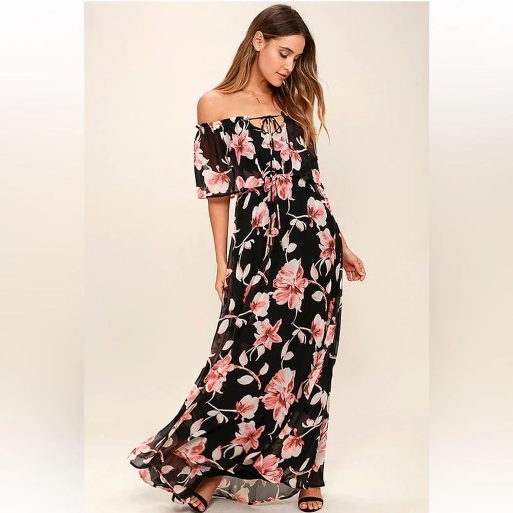 Lulus Infinite Love‎ Black Floral Print Off-the-Shoulder Maxi Dress Sz Small